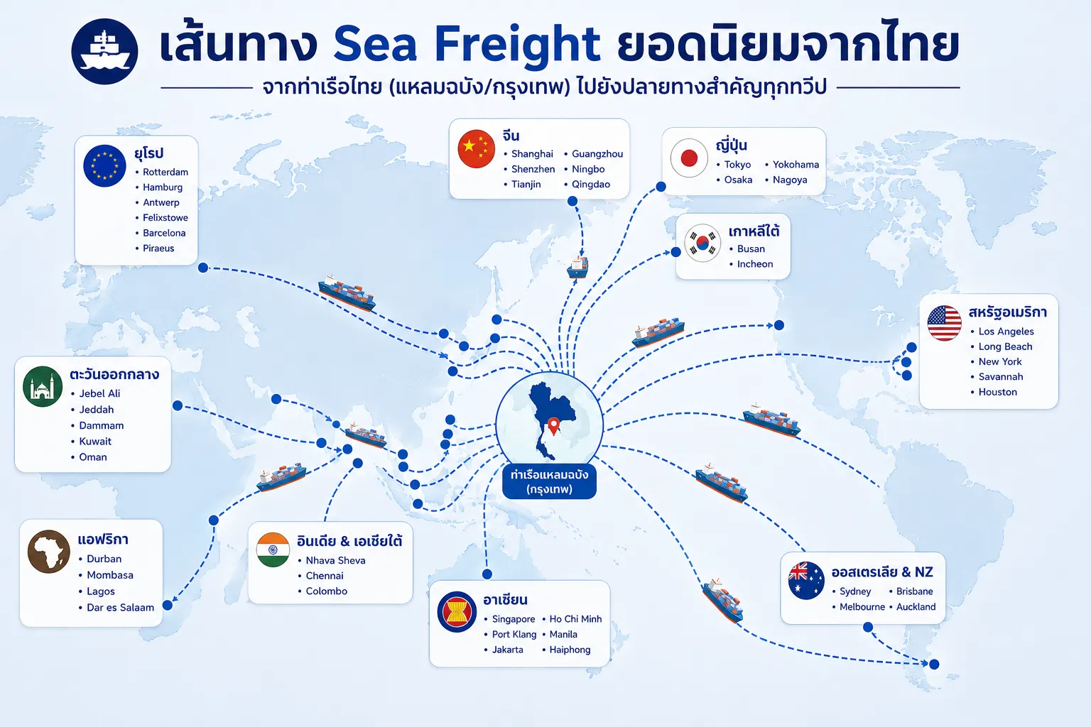 เส้นทางการขนส่งทางทะเล Sea Freight Freight Rangers ครอบคลุมทั่วโลก