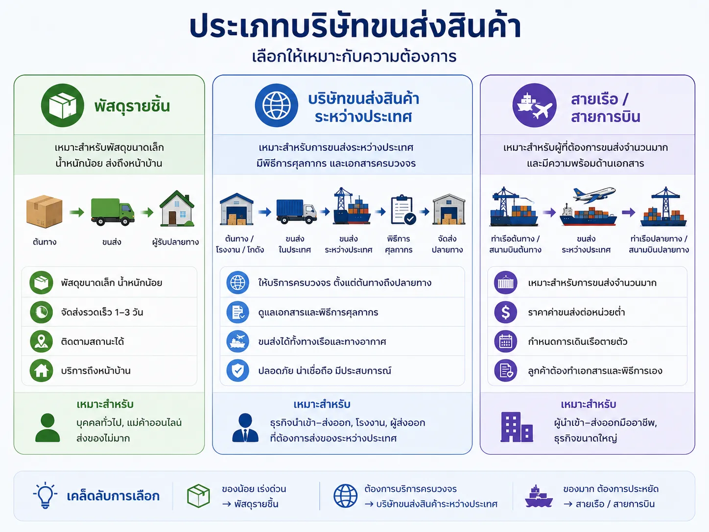 ประเภทบริษัทขนส่งสินค้า เปรียบเทียบ Freight Forwarder vs ขนส่งพัสดุ